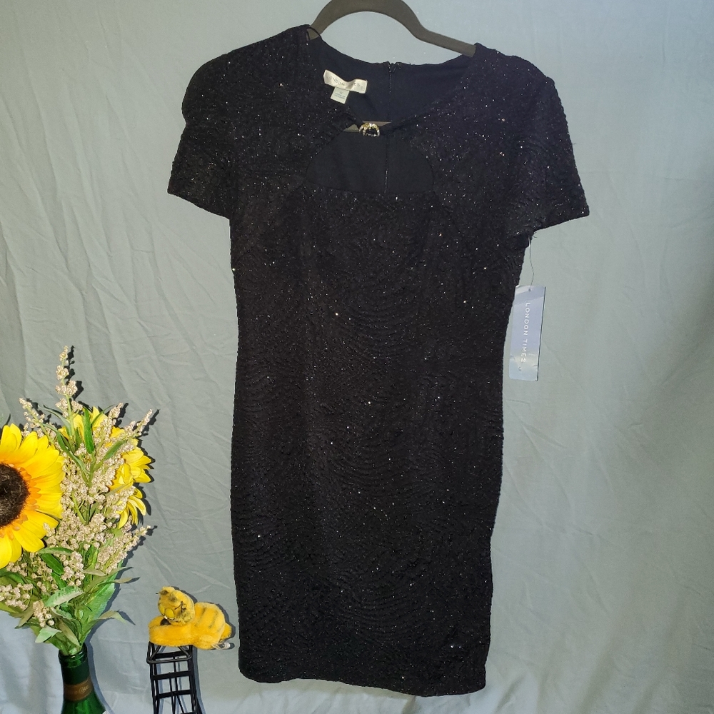 London Times Black sequin lined dress with peek-a-boo front Size 8